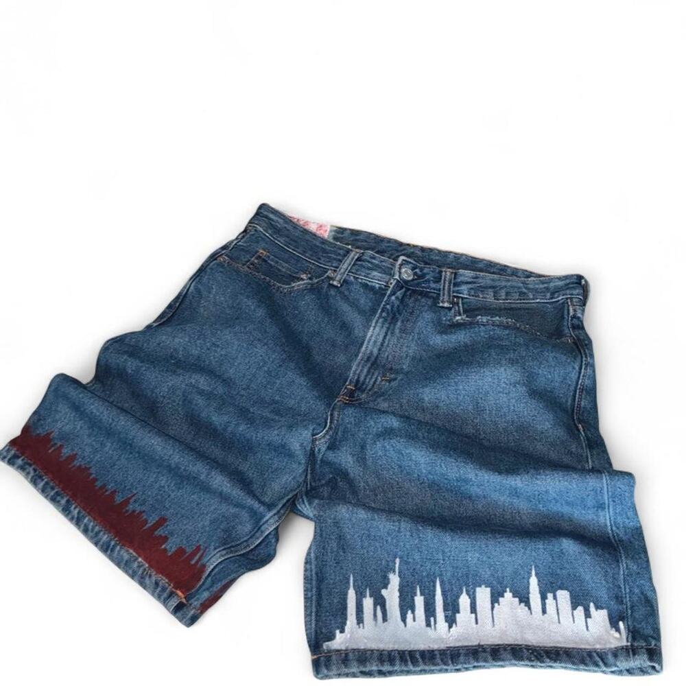 Upcycled NYC skyline Denim Shorts / Jorts